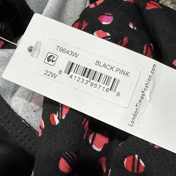 London Times Dress Women 22W Black Pink Knot Front Midi Ruffle Hem Plus Size - Picture 6 of 7